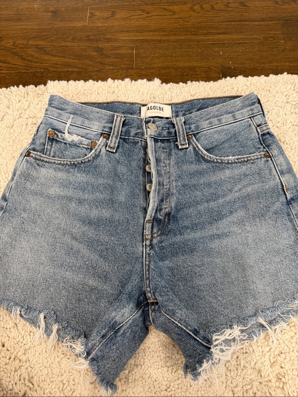 Agolde Light Blue High-Rise Frayed Denim Shorts